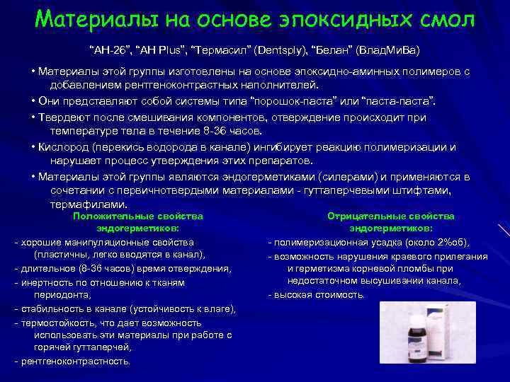 Материалы на основе эпоксидных смол “АН-26”, “АН Plus”, “Термасил” (Dentsply), “Белан” (Влад. Ми. Ва)