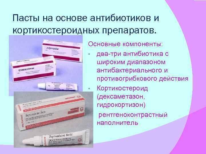 Пасты на основе антибиотиков и кортикостероидных препаратов. Основные компоненты: • два-три антибиотика с широким