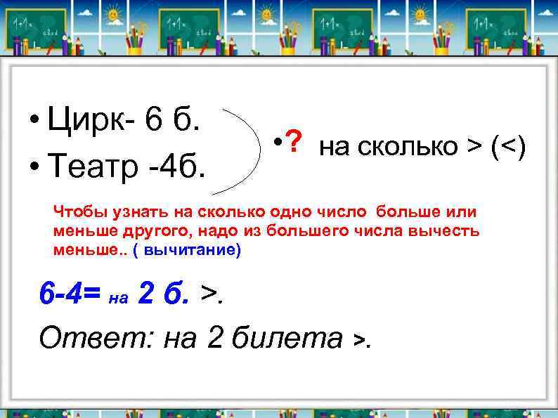  • Цирк- 6 б. • Театр -4 б. • ? на сколько >