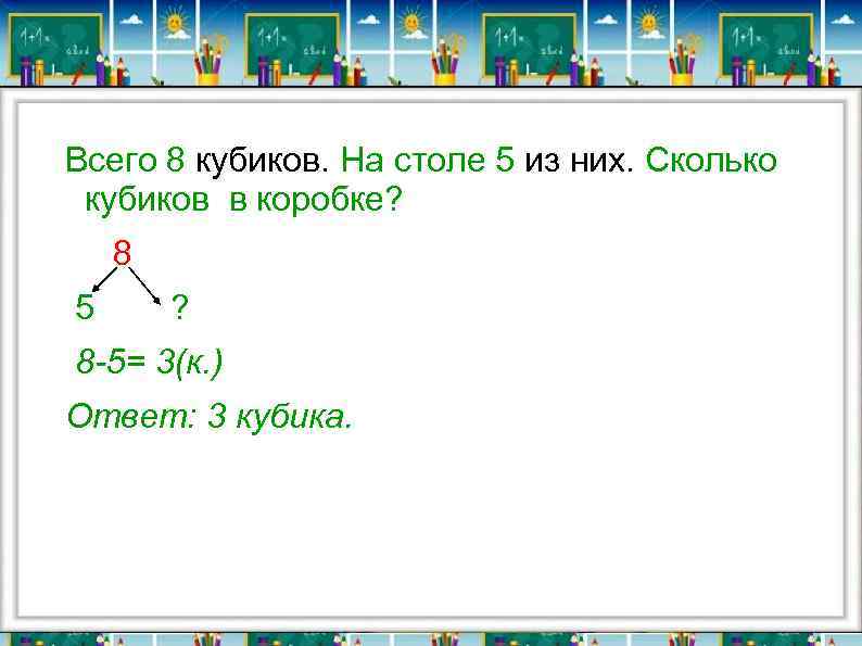 Всего 8 кубиков. На столе 5 из них. Сколько кубиков в коробке? 8 5