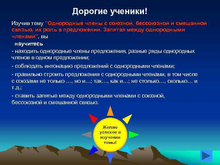 Дорогие ученики! Изучив тему “Однородные члены с союзной, бессоюзной и смешанной связью, их роль