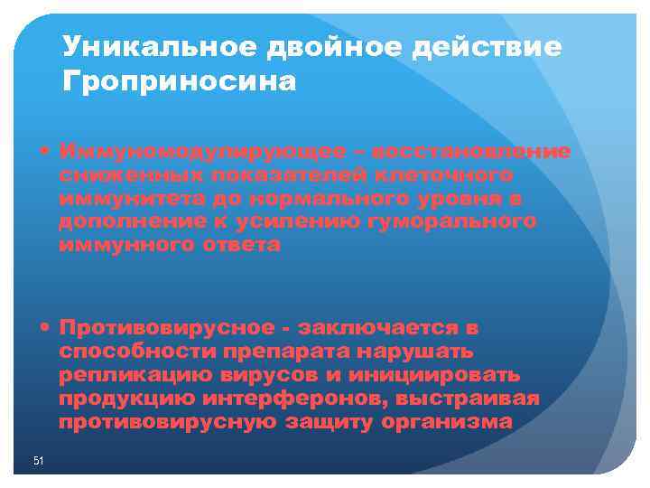  Уникальное двойное действие Гроприносина Иммуномодулирующее – восстановление сниженных показателей клеточного иммунитета до нормального