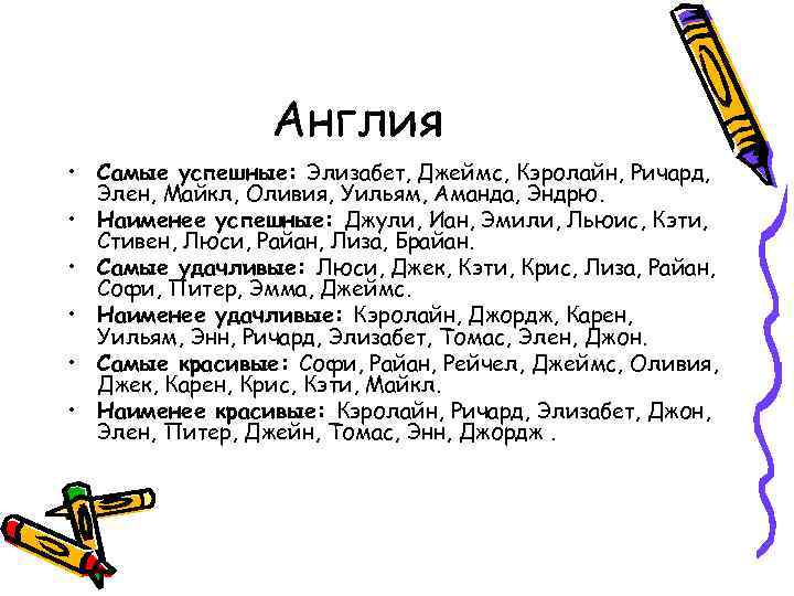 Англия • Самые успешные: Элизабет, Джеймс, Кэролайн, Ричард, Элен, Майкл, Оливия, Уильям, Аманда, Эндрю.