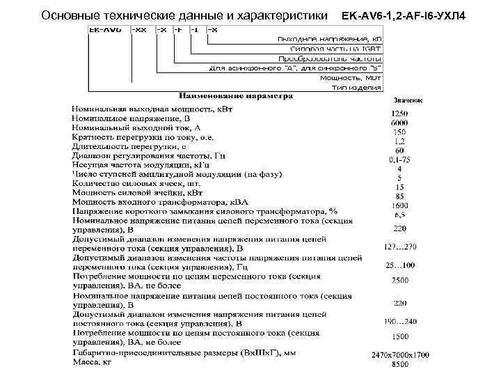 Основные технические данные и характеристики EK-AV 6 -1, 2 -AF-I 6 -УХЛ 4 