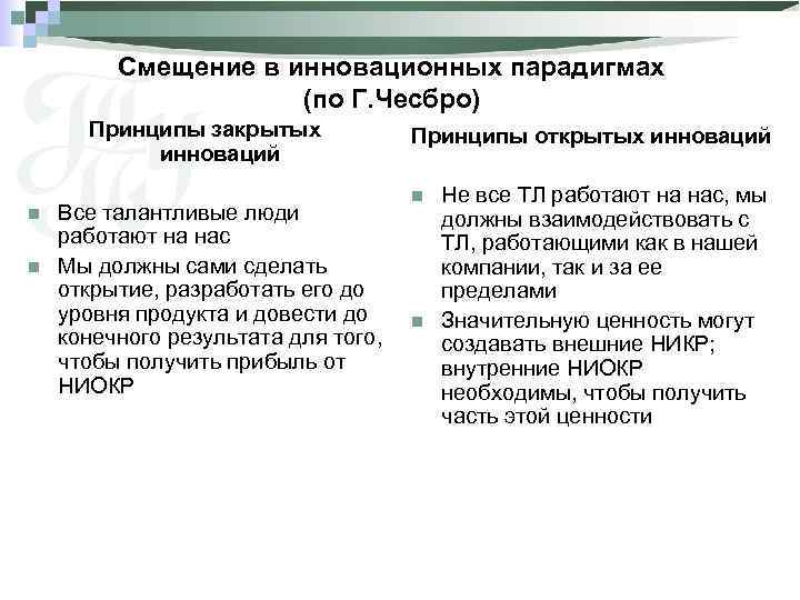 Смещение в инновационных парадигмах (по Г. Чесбро) Принципы закрытых инноваций n n Все талантливые