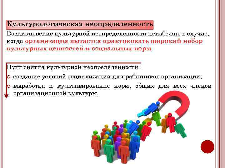 Культурологическая неопределенность Возникновение культурной неопределенности неизбежно в случае, когда организация пытается практиковать широкий набор