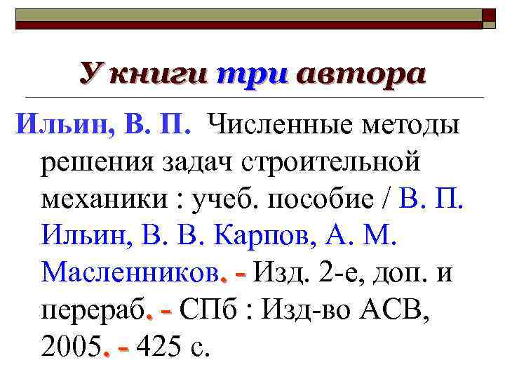 У книги три автора Ильин, В. П. Численные методы решения задач строительной механики :