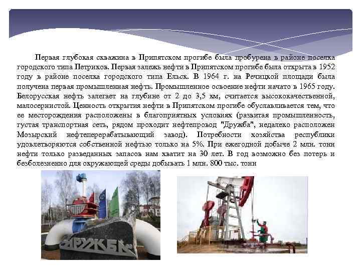 Первая глубокая скважина в Припятском прогибе была пробурена в районе поселка городского типа Петриков.