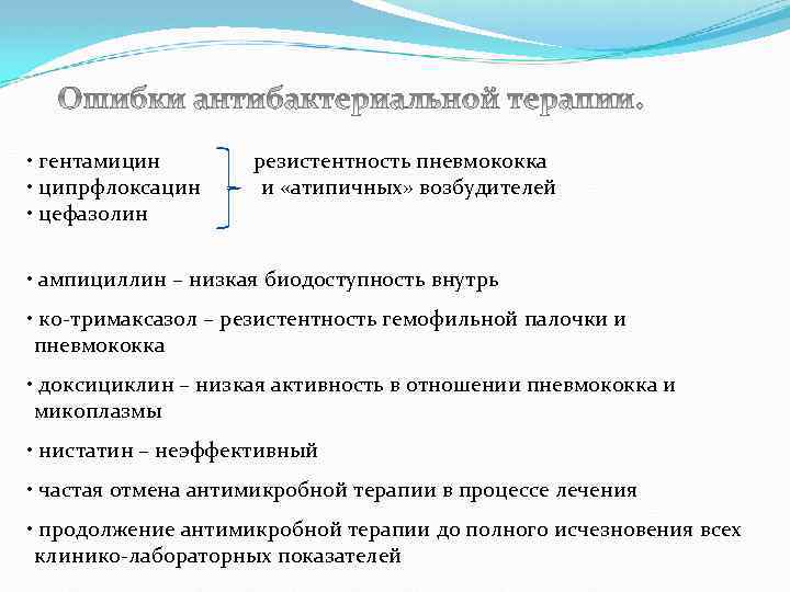  • гентамицин • ципрфлоксацин • цефазолин резистентность пневмококка и «атипичных» возбудителей • ампициллин