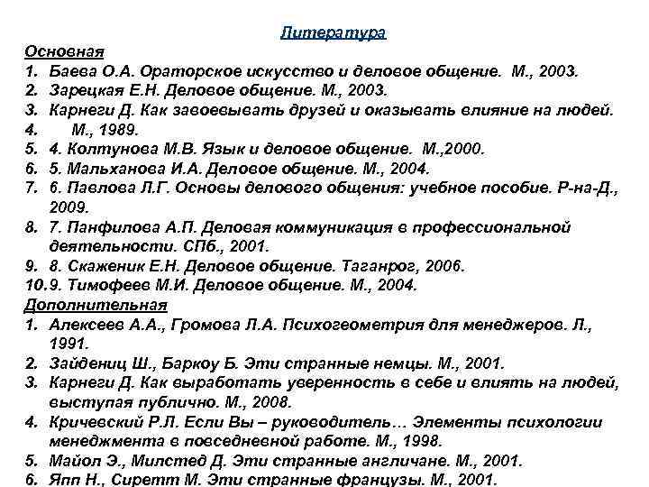 Литература Основная 1. Баева О. А. Ораторское искусство и деловое общение. М. , 2003.