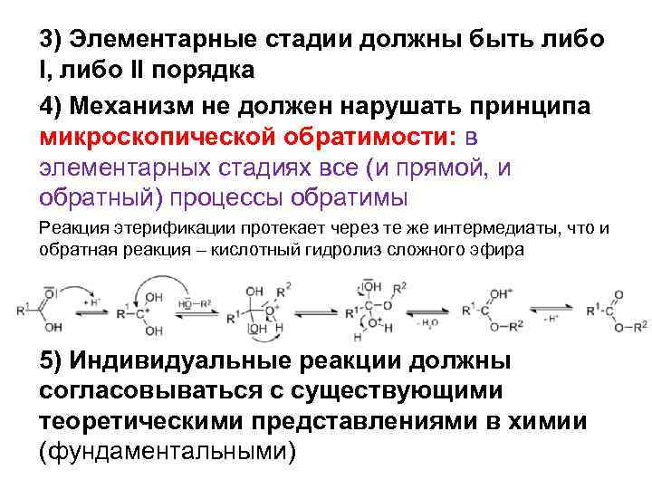 3) Элементарные стадии должны быть либо І, либо ІІ порядка 4) Механизм не должен