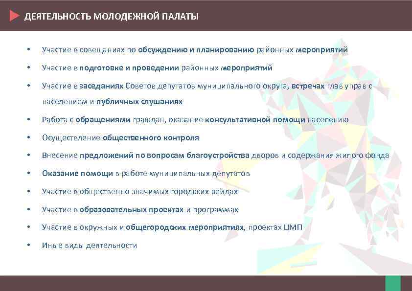 ДЕЯТЕЛЬНОСТЬ МОЛОДЕЖНОЙ ПАЛАТЫ • Участие в совещаниях по обсуждению и планированию районных мероприятий •