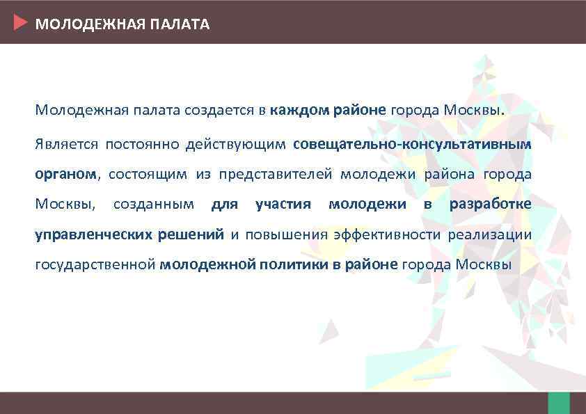 МОЛОДЕЖНАЯ ПАЛАТА Молодежная палата создается в каждом районе города Москвы. Является постоянно действующим совещательно-консультативным