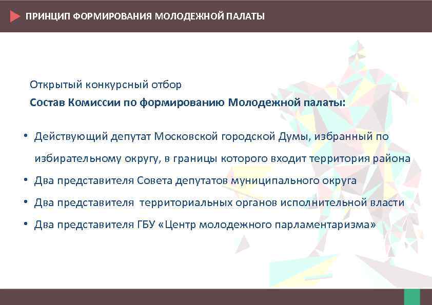 ПРИНЦИП ФОРМИРОВАНИЯ МОЛОДЕЖНОЙ ПАЛАТЫ Открытый конкурсный отбор Состав Комиссии по формированию Молодежной палаты: •