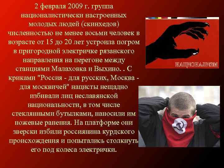 2 февраля 2009 г. группа националистически настроенных молодых людей (скинхедов) численностью не менее восьми