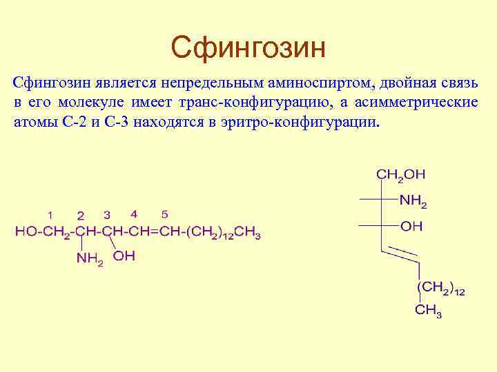 Сфингозин является непредельным аминоспиртом, двойная связь в его молекуле имеет транс-конфигурацию, а асимметрические атомы