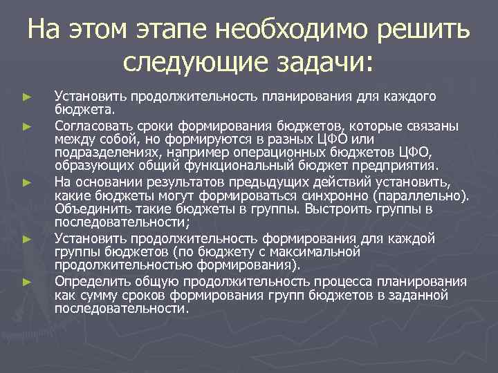 На этом этапе необходимо решить следующие задачи: ► ► ► Установить продолжительность планирования для