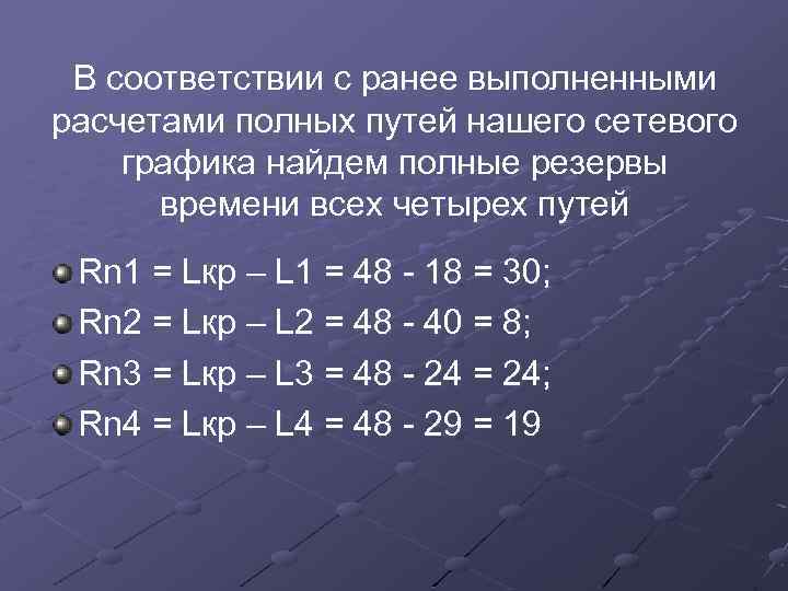 В соответствии с ранее выполненными расчетами полных путей нашего сетевого графика найдем полные резервы