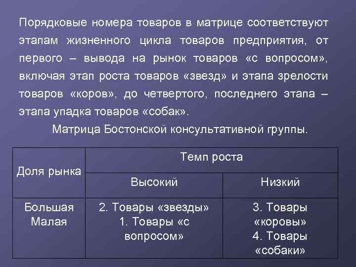 Порядковые номера товаров в матрице соответствуют этапам жизненного цикла товаров предприятия, от первого –