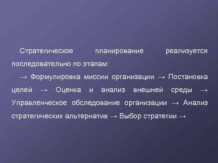 Стратегическое планирование реализуется последовательно по этапам: → Формулировка миссии организации → Постановка целей →