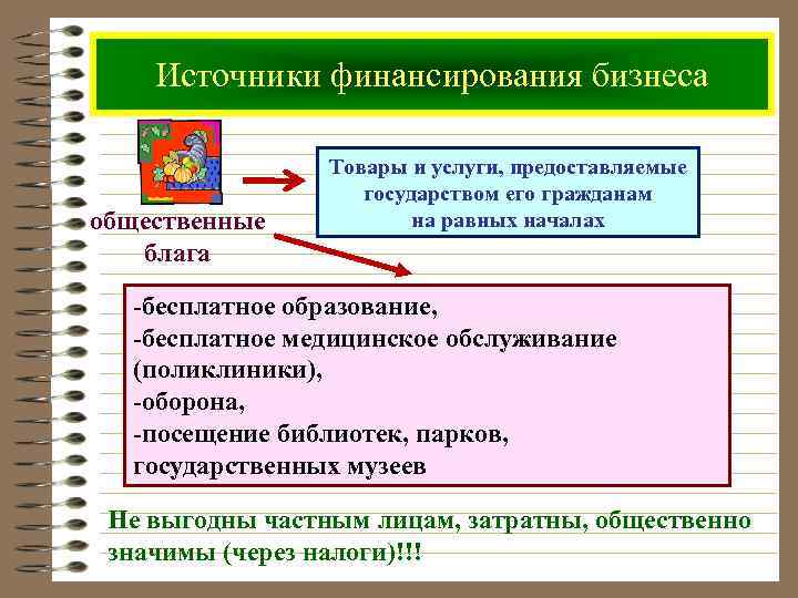 Источники финансирования бизнеса общественные блага Товары и услуги, предоставляемые государством его гражданам на равных