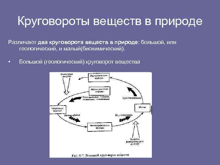 Круговороты веществ в природе Различают два круговорота веществ в природе: большой, или геологический, и