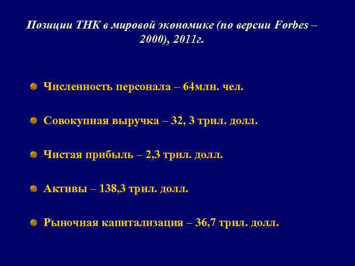 Позиции ТНК в мировой экономике (по версии Forbes – 2000), 2011 г. Численность персонала