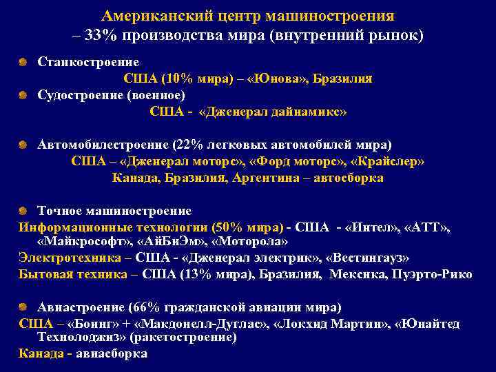 Американский центр машиностроения – 33% производства мира (внутренний рынок) Станкостроение США (10% мира) –