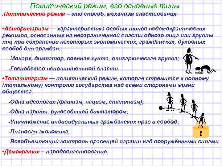 Политический режим, его основные типы. Политический режим – это способ, механизм властвования. • Авторитаризм