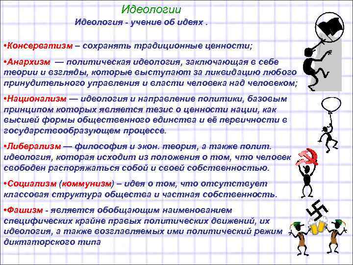 Идеологии Идеология - учение об идеях. • Консерватизм – сохранять традиционные ценности; • Анархизм