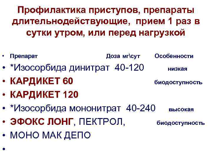 Профилактика приступов, препараты длительнодействующие, прием 1 раз в сутки утром, или перед нагрузкой •