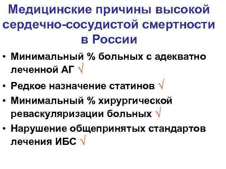 Медицинские причины высокой сердечно-сосудистой смертности в России • Минимальный % больных с адекватно леченной