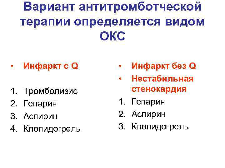Вариант антитромботческой терапии определяется видом ОКС • Инфаркт с Q 1. 2. 3. 4.