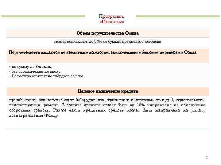 Программа «Развитие» Объем поручительства Фонда может составлять до 50% от суммы кредитного договора Поручительства