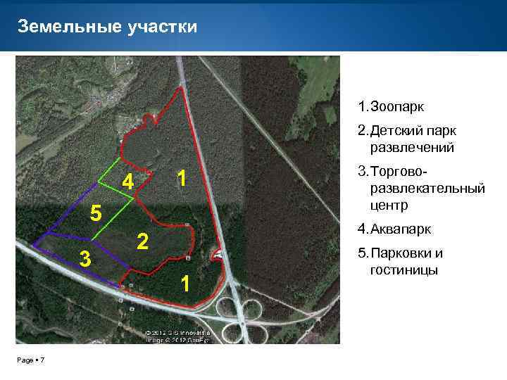 Земельные участки 1. Зоопарк 2. Детский парк развлечений 1 4 5 3 Page 7
