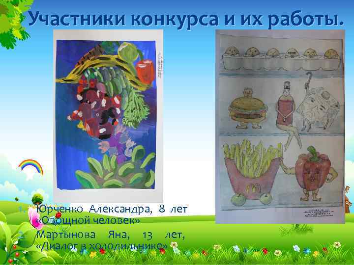  Участники конкурса и их работы. 1. Юрченко Александра, 8 лет «Овощной человек» 2.