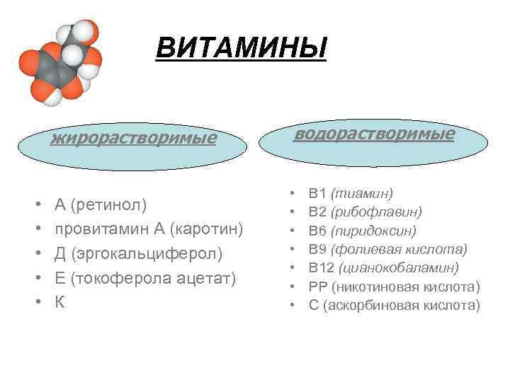 ВИТАМИНЫ жирорастворимые • • • А (ретинол) провитамин А (каротин) Д (эргокальциферол) Е (токоферола