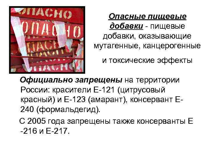 Опасные пищевые добавки, оказывающие мутагенные, канцерогенные и токсические эффекты Официально запрещены на территории России: