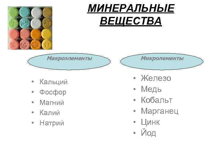МИНЕРАЛЬНЫЕ ВЕЩЕСТВА Макроэлементы • • • Кальций Фосфор Магний Калий Натрий Микролементы • •