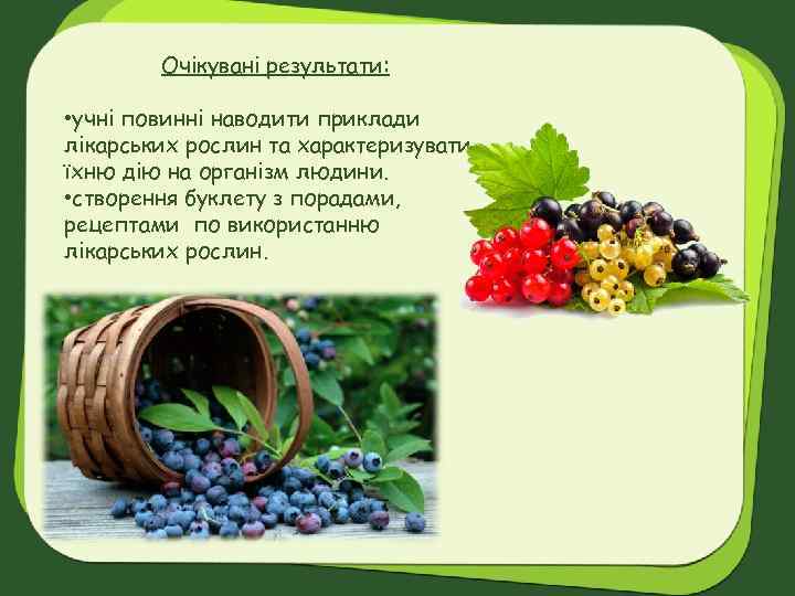 Очікувані результати: • учні повинні наводити приклади лікарських рослин та характеризувати їхню дію на
