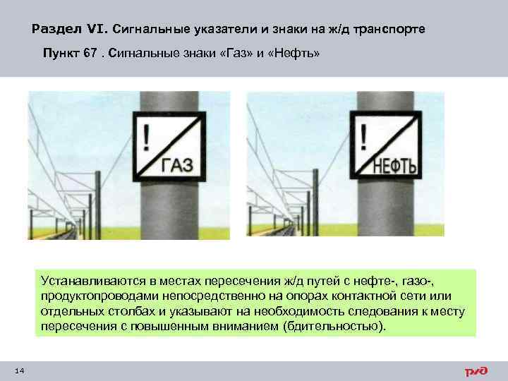 Раздел VI. Сигнальные указатели и знаки на ж/д транспорте Пункт 67. Сигнальные знаки «Газ»