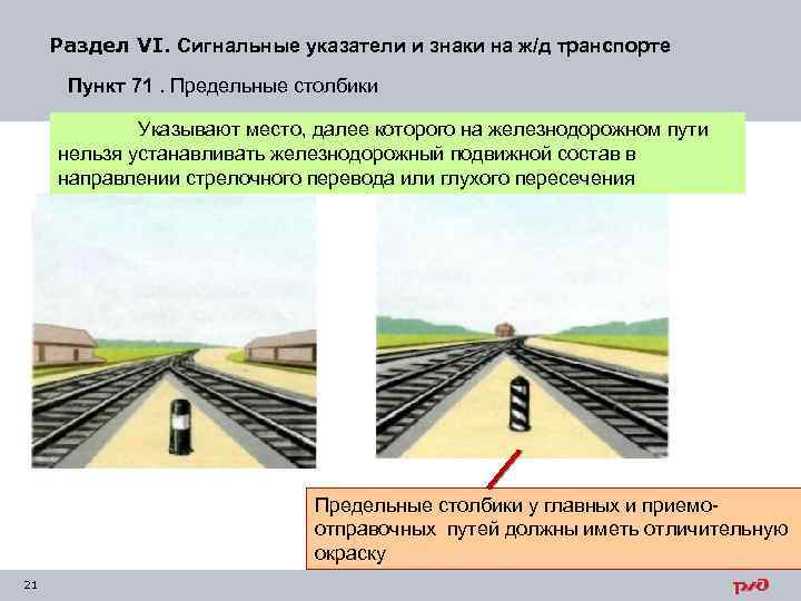 Раздел VI. Сигнальные указатели и знаки на ж/д транспорте Пункт 71. Предельные столбики Указывают