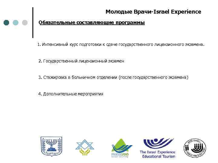 Молодые Врачи-Israel Experience Обязательные составляющие программы 1. Интенсивный курс подготовки к сдаче государственного лицензионного