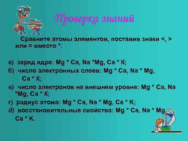 Проверка знаний Сравните атомы элементов, поставив знаки <, > или = вместо *: а)