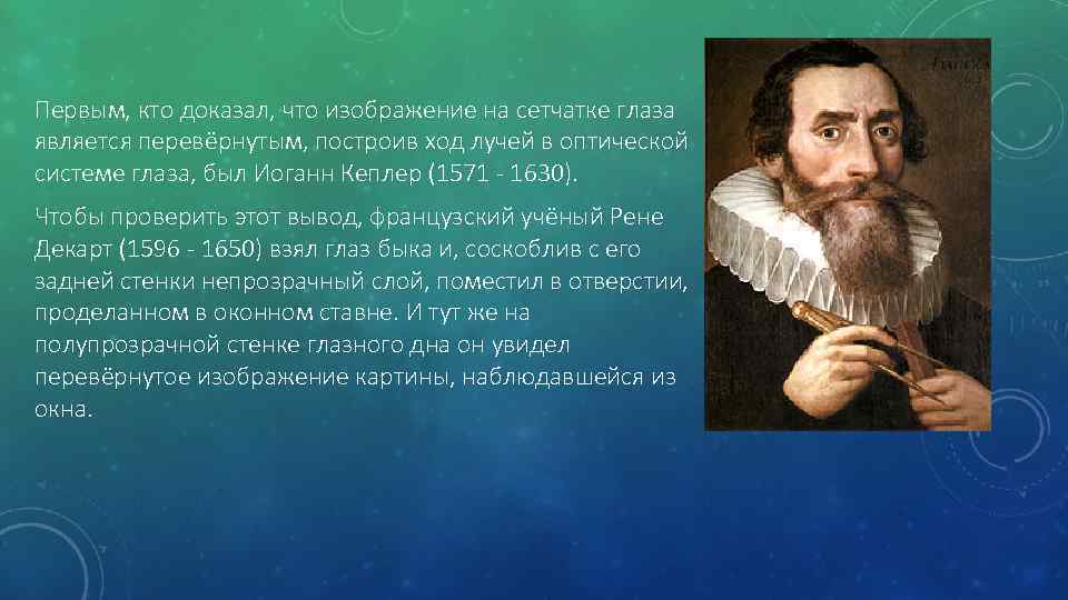 Первым, кто доказал, что изображение на сетчатке глаза является перевёрнутым, построив ход лучей в