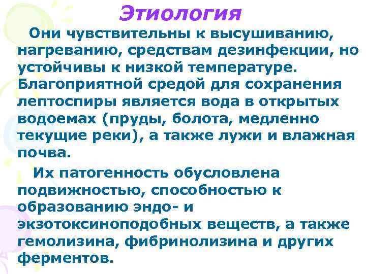 Этиология Они чувствительны к высушиванию, нагреванию, средствам дезинфекции, но устойчивы к низкой температуре. Благоприятной