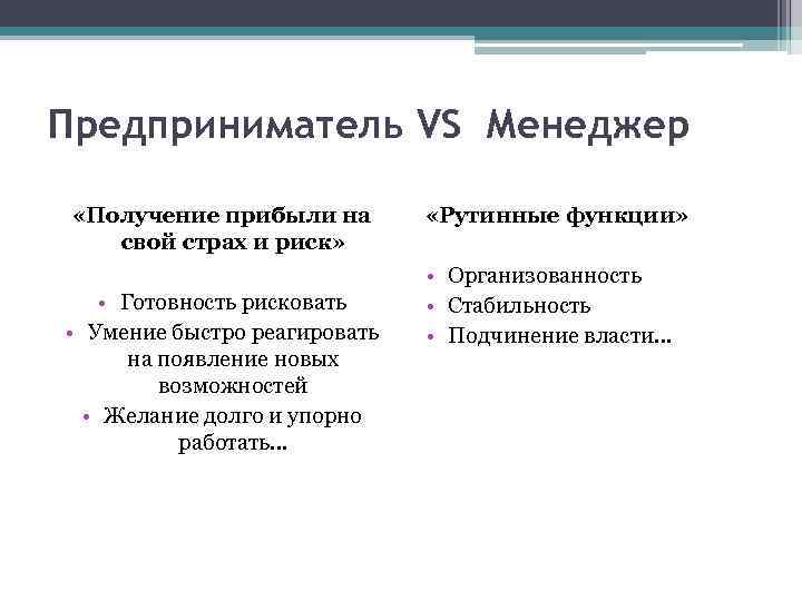 Предприниматель VS Менеджер «Получение прибыли на свой страх и риск» • Готовность рисковать •