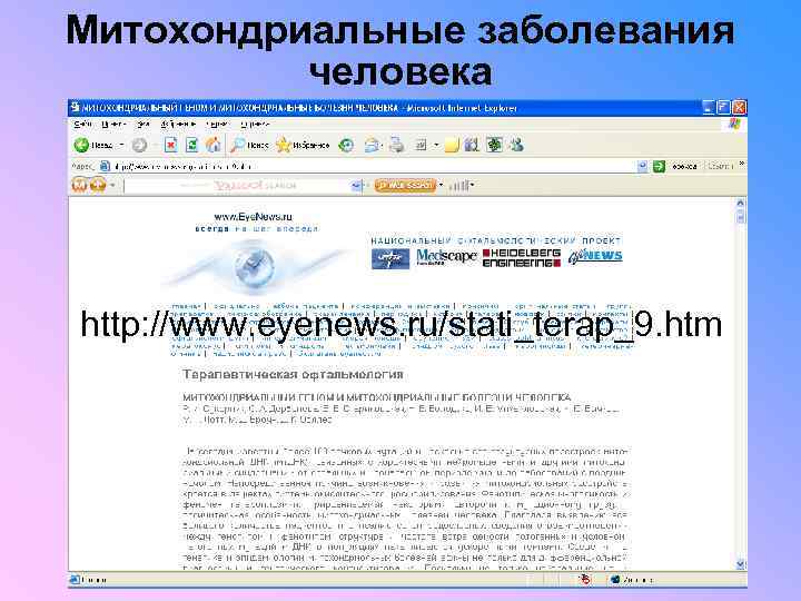 Митохондриальные заболевания человека http: //www. eyenews. ru/stati_terap_9. htm 