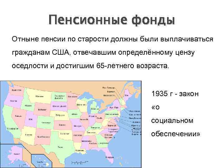 Пенсионные фонды Отныне пенсии по старости должны были выплачиваться гражданам США, отвечавшим определённому цензу