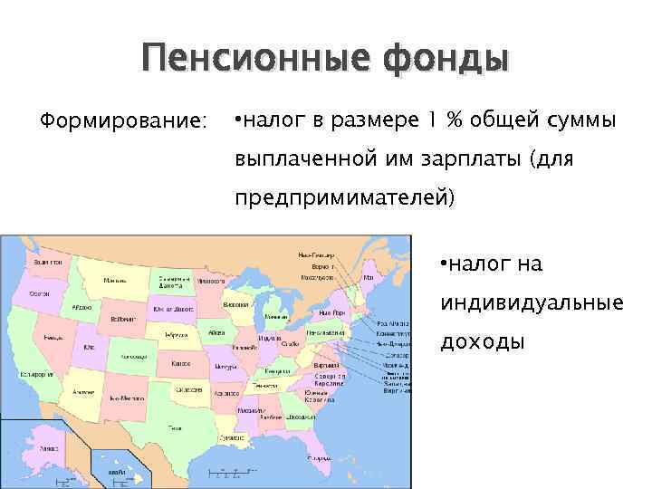 Пенсионные фонды Формирование: • налог в размере 1 % общей суммы выплаченной им зарплаты